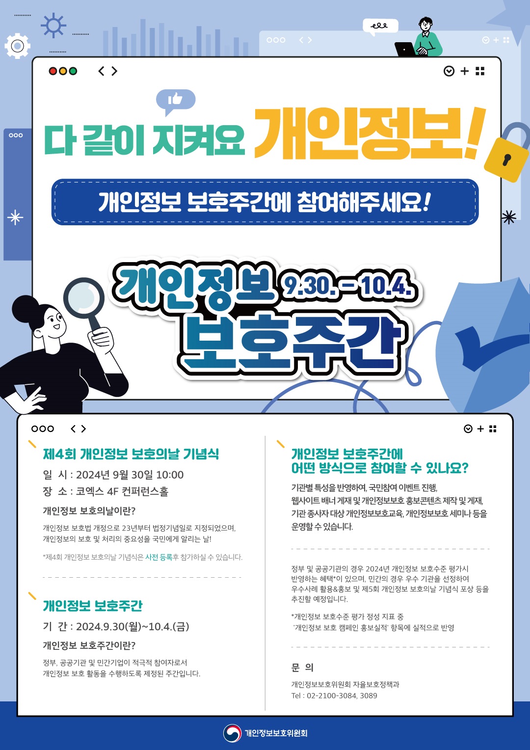 다 같이 지켜요 개인정보!
개인정보 보호주간에 참여해주세요!
개인정보 9.30~10~4 보호주간.
제4회 개인정보 보호의날 기념식
일시:2024년 9월 30일 10:00. 장소:코엑스4F 컨퍼런스홀.
개인정보 보호의날이란? 개인정보 보호법 개정으로 23년부터 법정기념일로 지정되었으며, 개인정보의 보호 및 처리의 중요성을 국민에게 알리는 날!. 제4회 개인정보 보호의 날 기념식은 사전 등록후 참가하실수있습니다.
개인정보 보호주간. 기간: 2024.9.30(월)~10.4(금). 개인정보 보호주간이란? 정부, 공공기관 및 민간기업이 적극적 참여자로서 개인정보 보호 활동을 수행하도록 제정된 주간입니다.
개인정보 보호주간에 어떤 방식으로 참여할 수 있나요? 기관별 특성을 반영하여, 국민참여 이벤트 진행, 웹사이트 배너 게재 및 개인정보보호 홍보콘텐츠 제작 및 게재, 기관 종사자 대상 개인정보보호교육, 개인정보보호 세미나 등을 운영할 수 있습니다.
정부 및 공공기관의 경우 2024년 개인정보 보호수준 평가시 반영하는 혜택이 있으며, 민간의 경우 우수기관을 선정하여 우수사례 활용&홍보 및 제5회 개인정보 보호의날 기념식 포상 등을 추진할 예정입니다.
개인정보 보호수준 평가 정성 지표 중 '개인정보 보호 캠페인 홍보실적' 항목에 실적으로 반영.
문의- 개인정보보호위원회 자율보호정책과 Tel:02-2100-3084, 3089