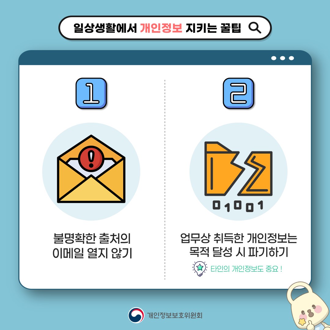일상생활에서 개인정보 지키는 꿀팁. 1.불명확한 출처의 이메일 열지 않기 2. 업무상 취득한 개인정보는 목적 달성 시 파기하기. 타인의 개인정보도 중요! 개인정보보호위원회