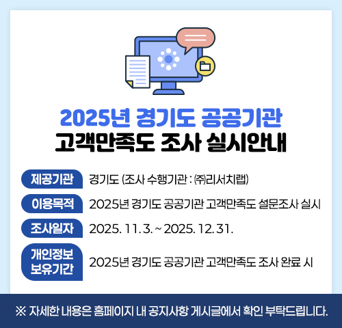 경기연구원에서는 2025년 경기도 공공기관 고객만족도 조사 실시를 위해 다음과 같이 개인정보를 제3자에게 제공하고 있습니다.




1. 제공기관 : 경기도 (조사 수행기관 : ㈜리서치랩)

2. 제공일자 : 2025. 10. 02.

3. 법적근거

- 「개인정보 보호법」 제15조 제1항 제3호(공공기관이 법령 등에서 정하는 소관 업무의 수행을 위하여 불가피한 경우) 및 동법 제17조 제1항 제2호(개인정보의 제공)

- 「지방자치단체 출자·출연 기관의 운영에 관한 법률」 제28조 및 제31조

- 「경기도 출자ㆍ출연 기관의 운영에 관한 기본조례」 제12조

4. 이용목적 : 2025년 경기도 공공기관 고객만족도 설문조사 실시

5. 제공항목

- [외부고객] ‘25.1.1.~’25.9.30. 기간에 기관의 서비스를 이용한 고객의 성명, 전화번호

- [내부고객] 소속 직원의 부서명, 직급, 성명, 전화번호, 이메일

6. 조사일자 : 2025. 11. 3. ~ 2025. 12. 31.

7. 개인정보 보유기간 : 2025년 경기도 공공기관 고객만족도 조사 완료 시